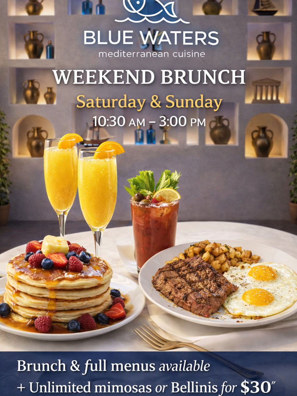Blue Waters weekend brunch with pancakes, eggs and cocktails