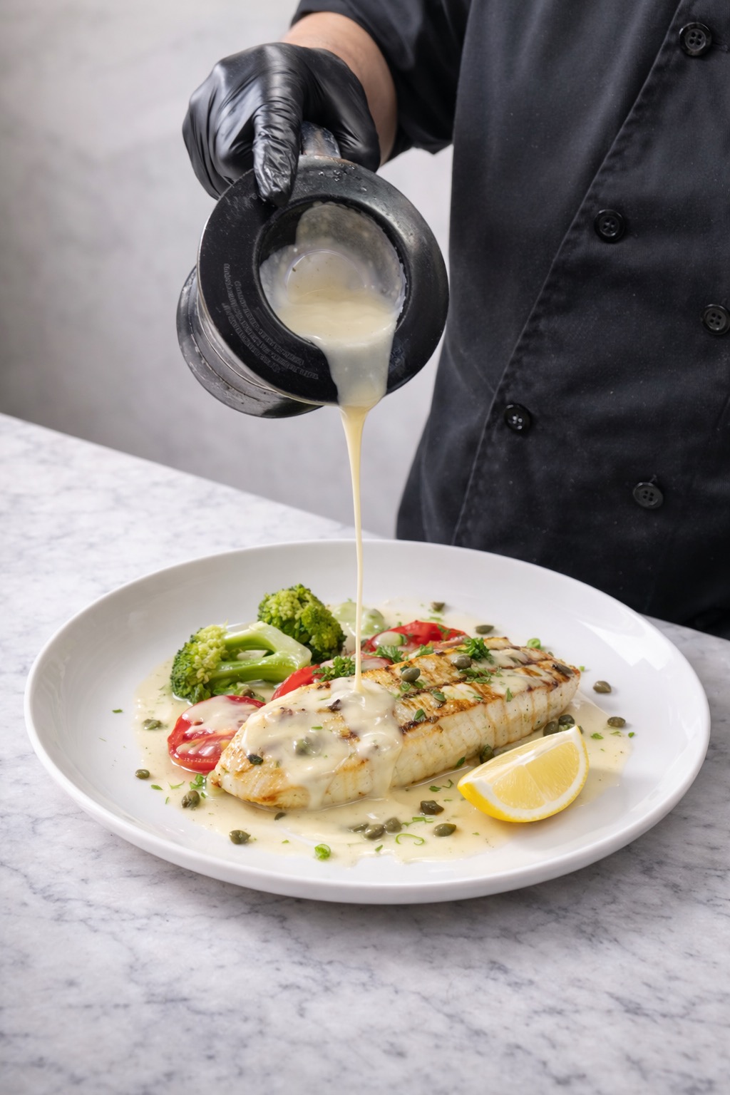 Chef finishing a grilled fish dish with sauce