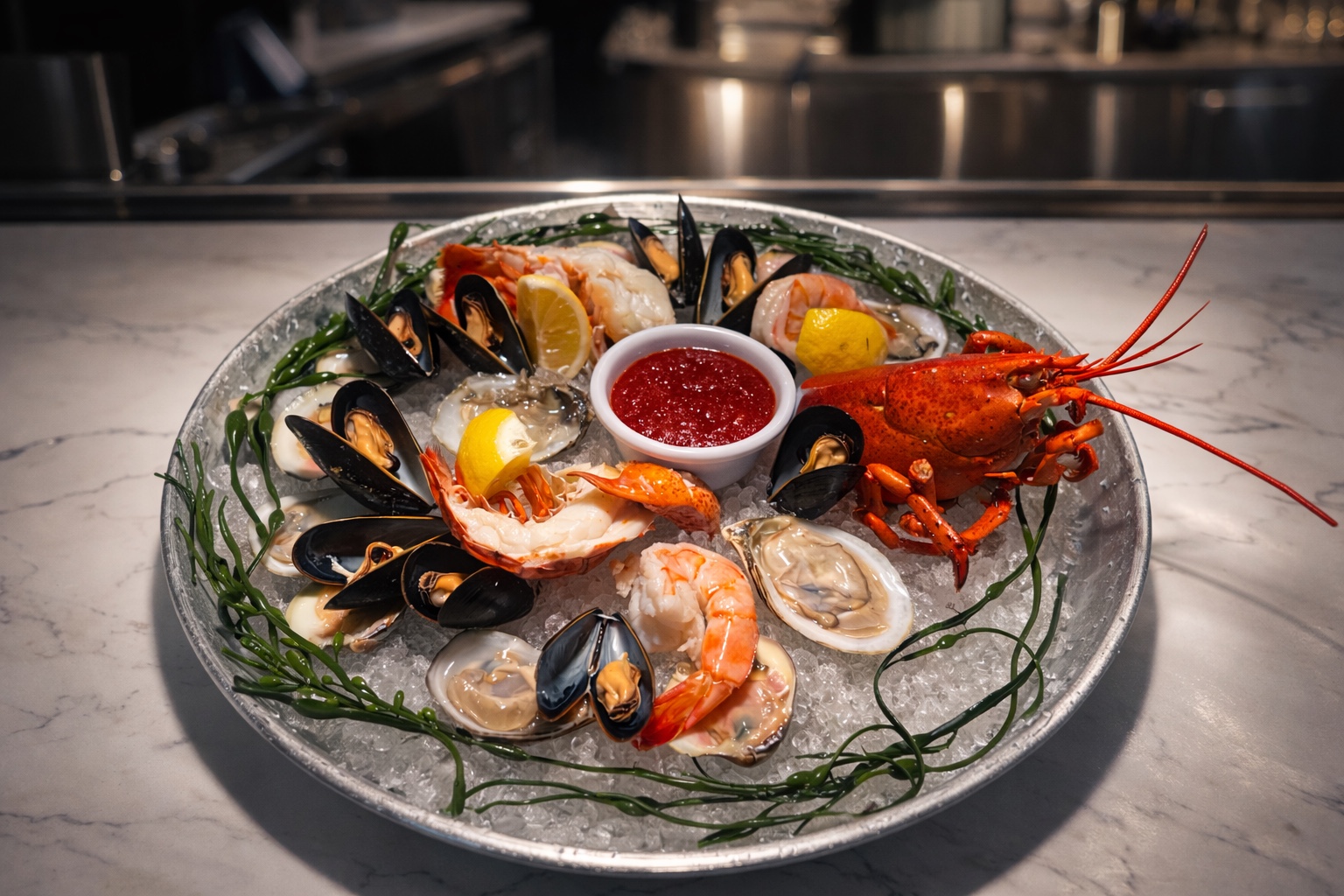 Blue Waters seafood tower with lobster, shrimp, oysters and mussels